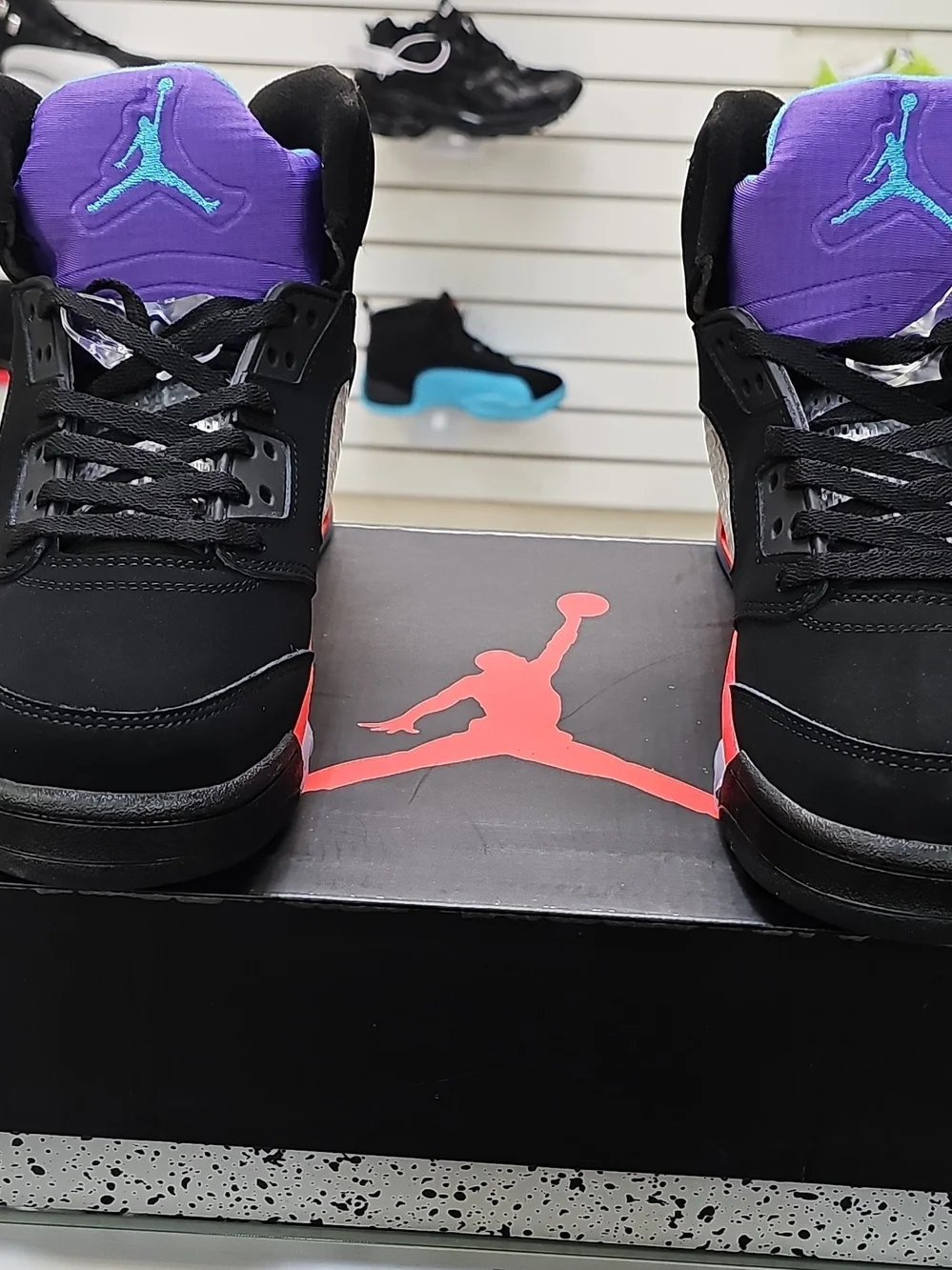 Jordan Men's Black Sneakers with Purple Tongues and Teal Jumpman